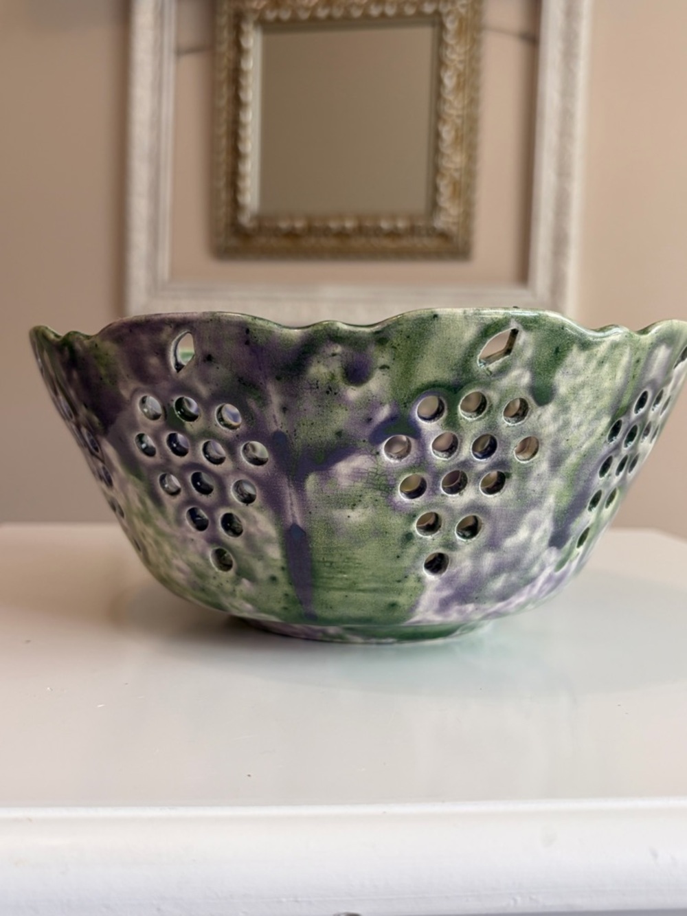 Handmade Glazed Pottery , Berry Bowl Colander, Fruit Strainer, Purple Green